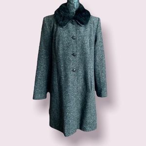 Vintage Frenchi Black & Gray Tweed Wool Coat with Faux Fur Collar